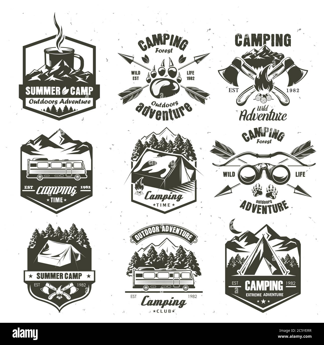 Ensemble logo vintage Camping, illustration monochrome vectorielle Illustration de Vecteur