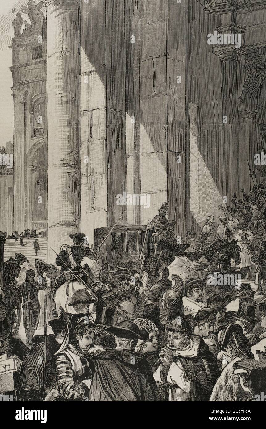 Rome. El pueblo envahit la chronicata de Bernini al recibir la noticia de la muerte del Papa Pio IX el 7 de febrero de 1878. Dibujo por A. Ferrant. Grabado por Rico. La Ilustración Española y Americana,1878. Banque D'Images