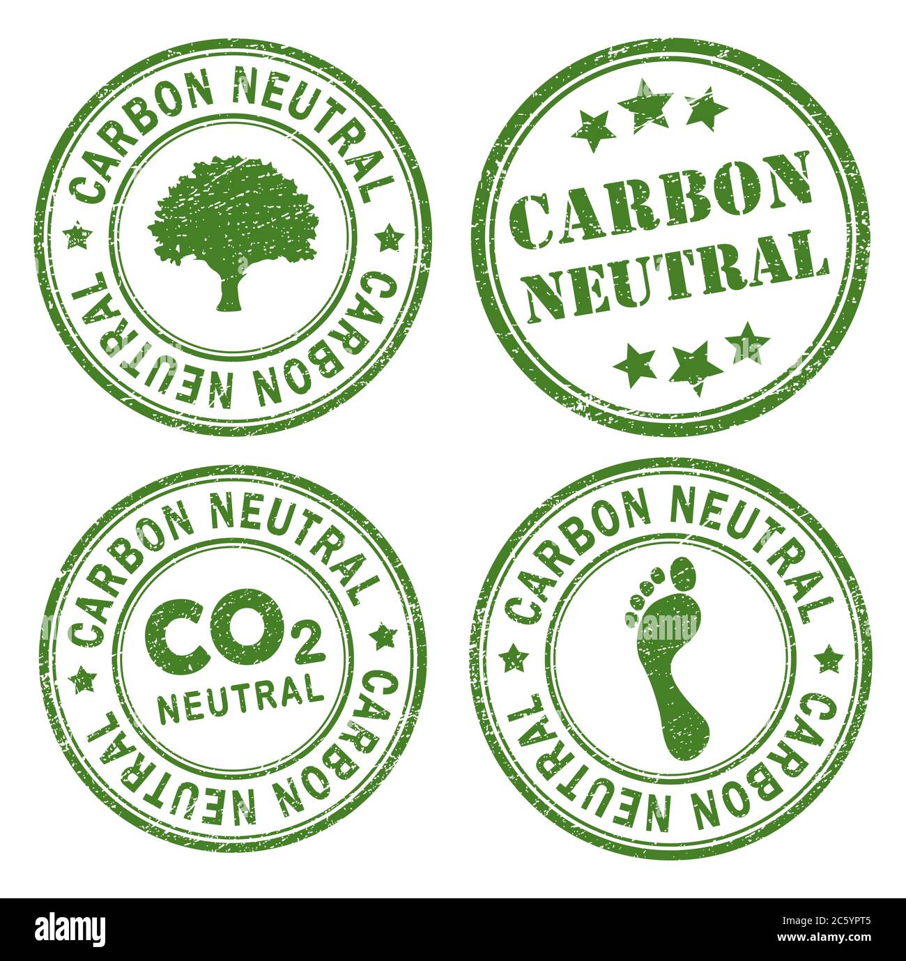 Kit de joints de grunge style rétro ronds vert neutre carbone. Image d'illustration vectorielle. Isolé sur fond blanc. Tampon en caoutchouc à encre pour changement climatique. ECO, Illustration de Vecteur