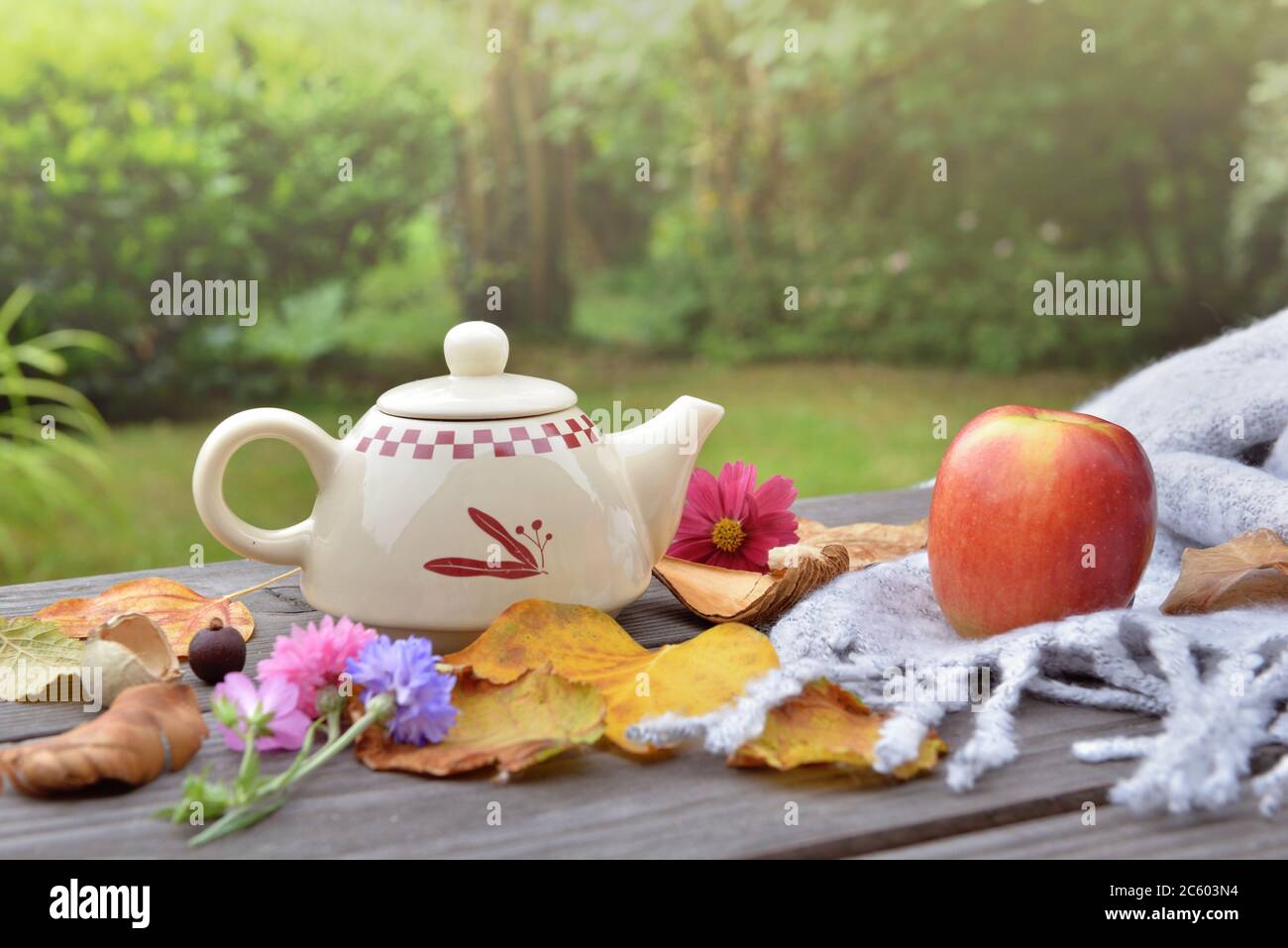 théière sur une table en bois dans le jardin, entre une feuille d'automne et une pomme rouge sur un foulard en laine Banque D'Images