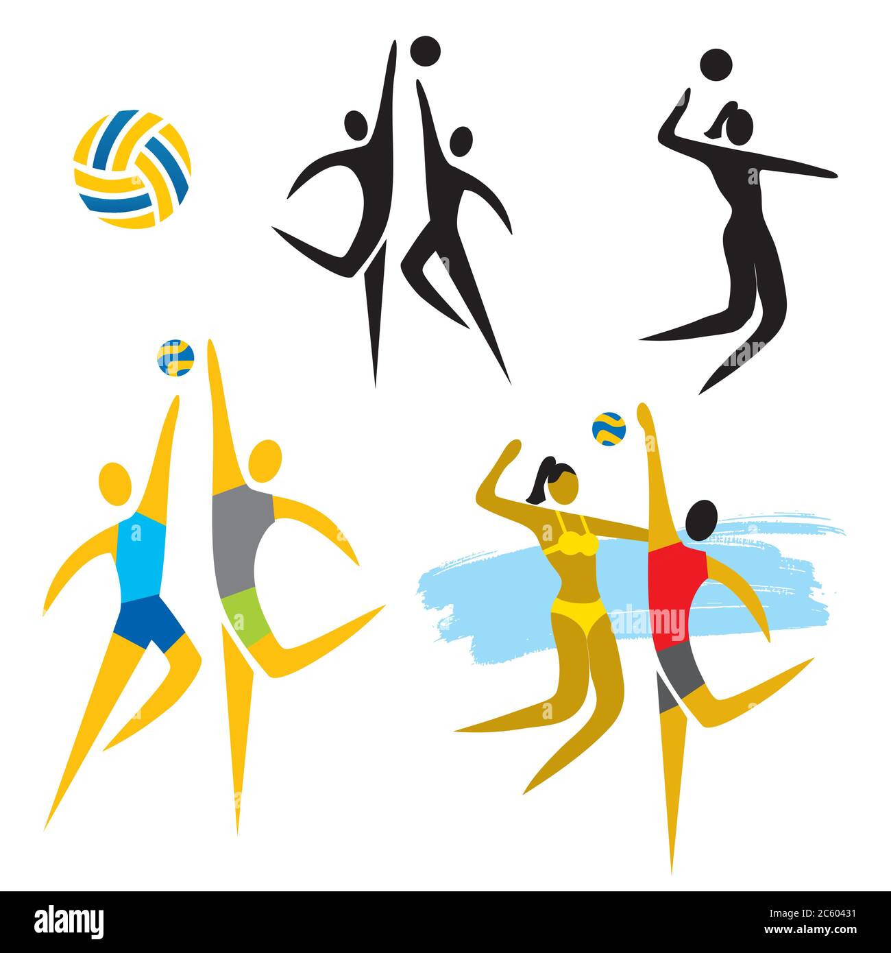 Icônes de volley-ball. Jeu de symboles Voleyball colorés et noirs. Vecteur disponible. Illustration de Vecteur