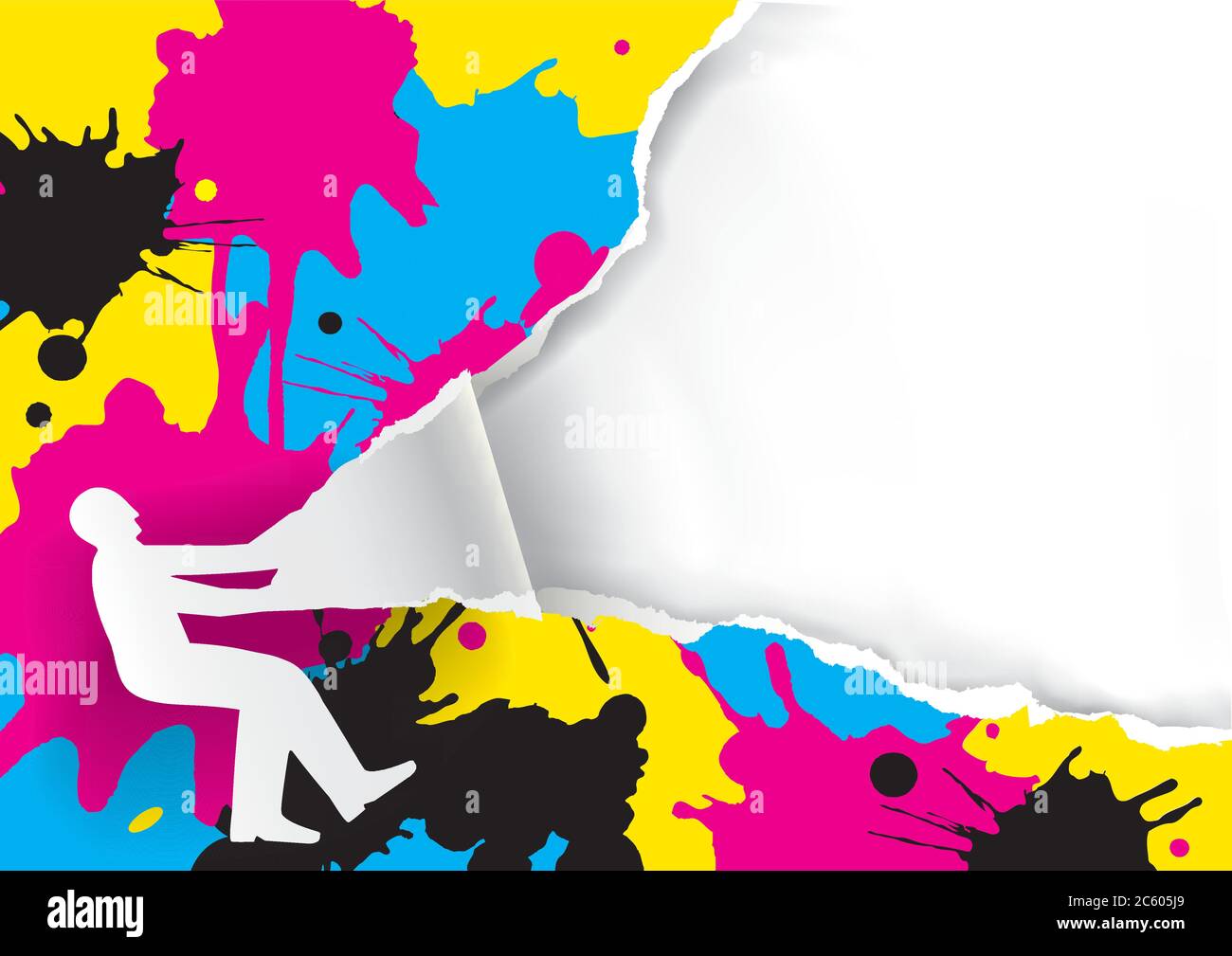 Modèle de promotion d'impression couleur avec splash CMJN. Papier man déchirant le papier silhouette avec des couleurs d'impression. Placez votre texte ou votre image. Illustration de Vecteur