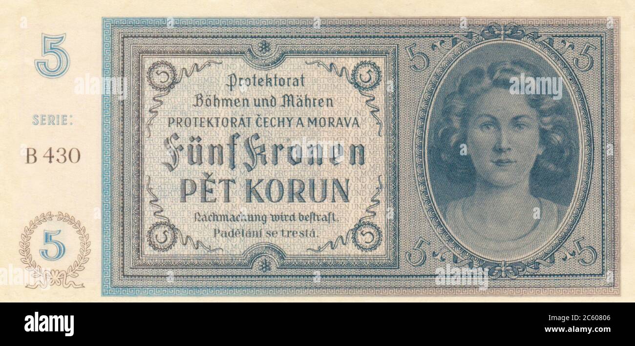 Ancien billet de 5 CZK utilisé en période d'occupation allemande nazie. (Protectorat de Bohême et de Moravie). 1939-1945 Banque D'Images