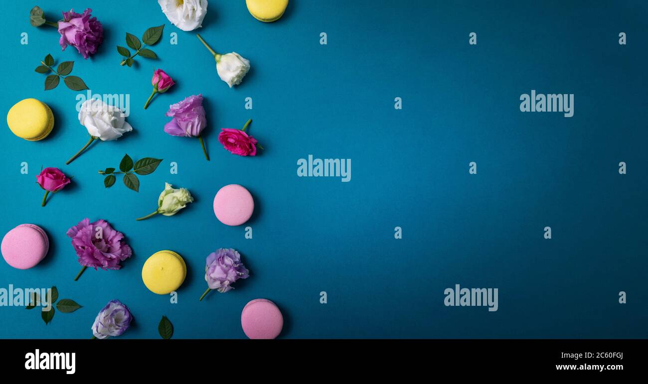 fleurs et macarons sur fond bleu avec espace de copie Banque D'Images