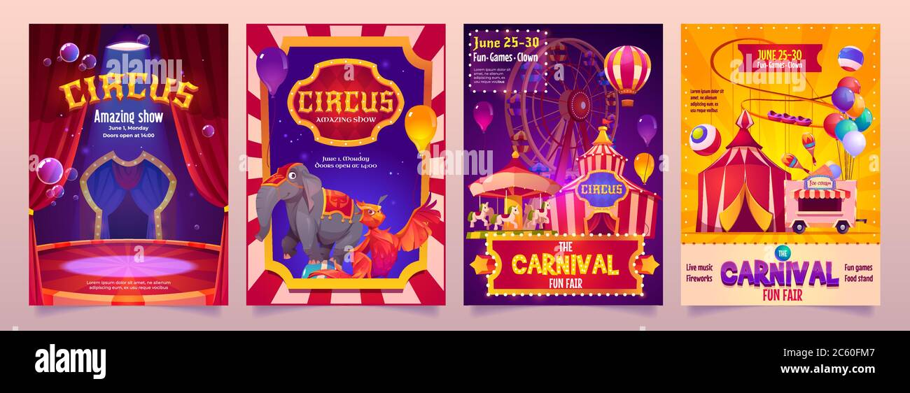 Banderoles de spectacle de cirque, spectacle de carnaval de tente avec éléphant, phoenix sur scène, kiosque de glace et carrousel. Prospectus d'invitation, billets pour le parc d'attractions Funfair, ensemble d'affiches vectorielles de dessins animés Illustration de Vecteur