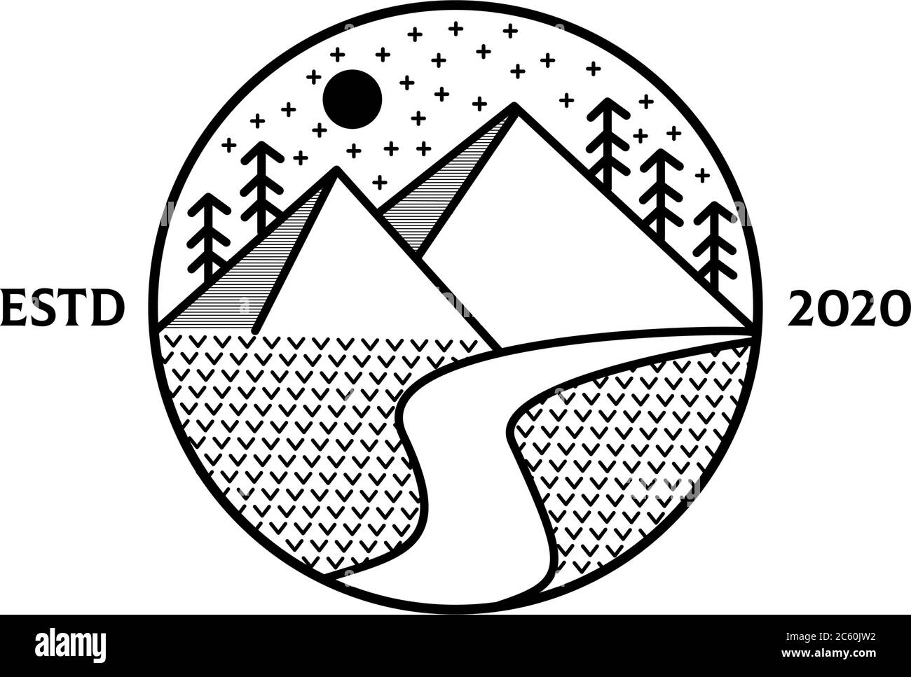 Vue simple sur la montagne pour l'aventure et logo extérieur avec style art au trait Illustration de Vecteur