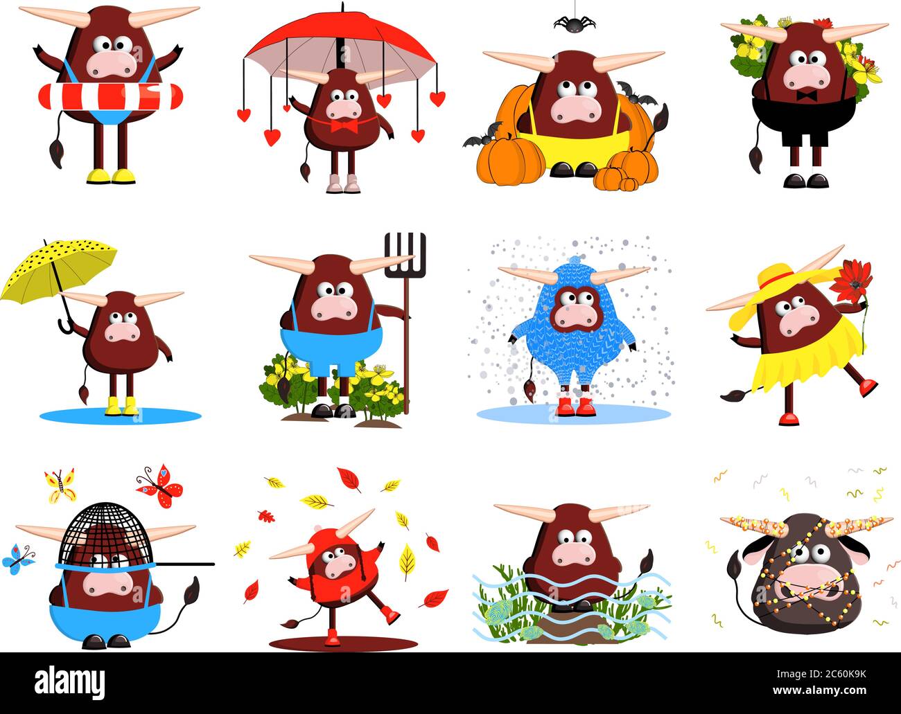 jeu de caractères bulls. 12 taureaux, boeufs et vaches. Animaux mignons et amusants. Clipart libre sur fond blanc. Illustration vectorielle du symbole de 2021 Illustration de Vecteur