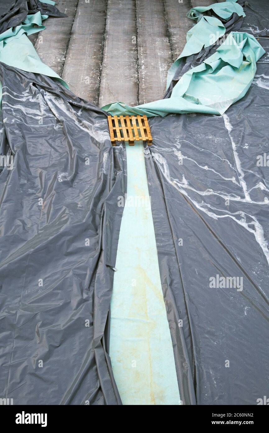 feuille de plastique polyéthylène sur un plancher en béton d'un nouveau bâtiment Banque D'Images