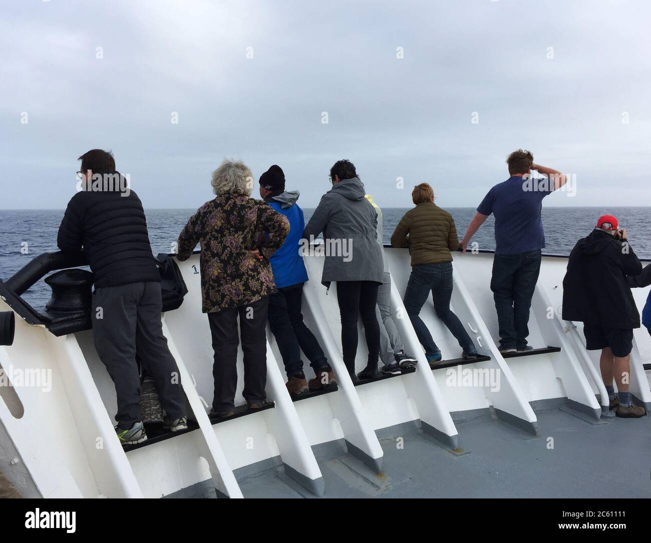 Observateurs d'oiseaux et de la faune sur la poupe du bateau de croisière d'expédition Spirit of Enderby dans les océans subantarctiques au sud de la Nouvelle-Zélande. Banque D'Images