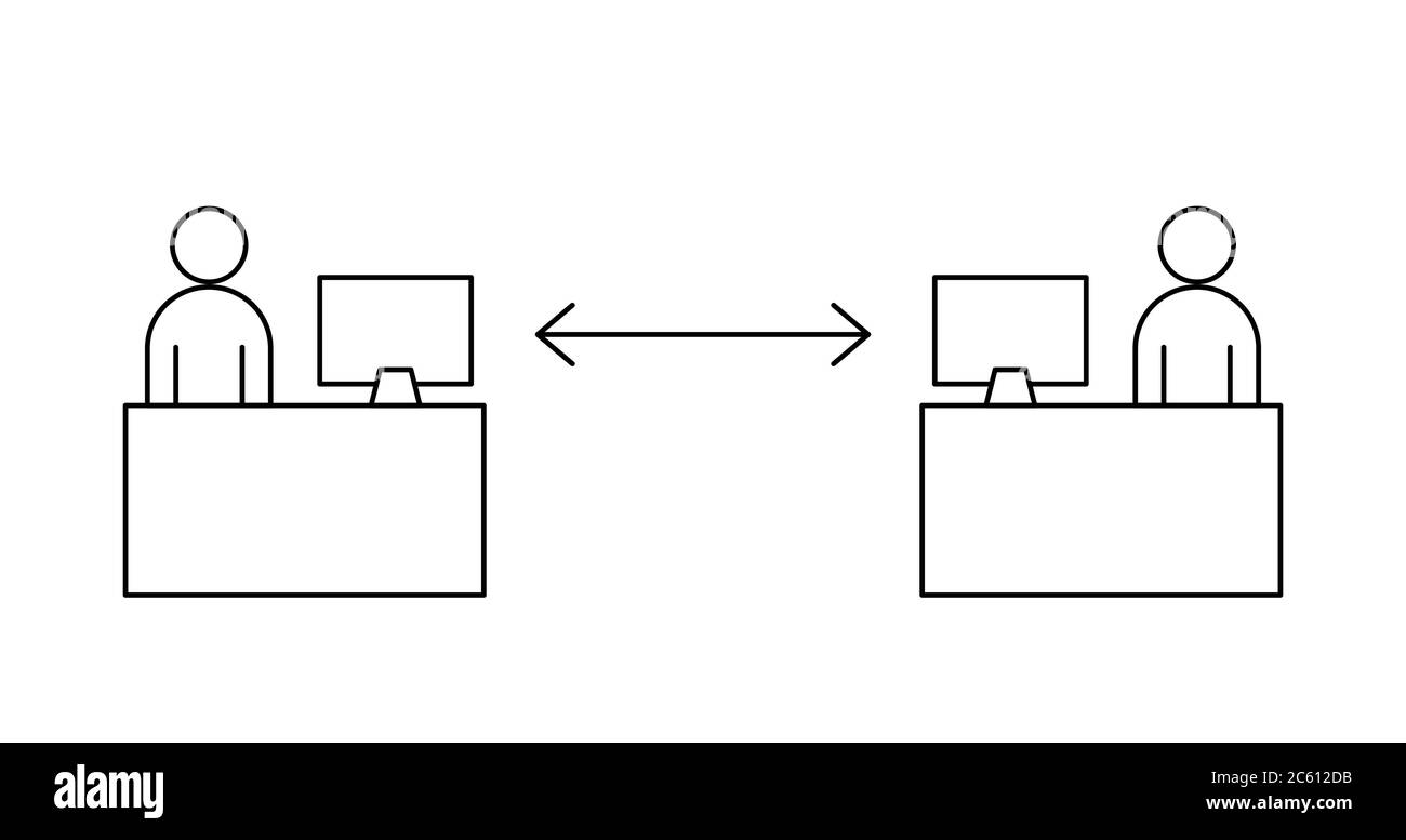 Distanciation sociale sur le lieu de travail. Deux personnes assises à un bureau, à une distance suffisante. Coronavirus, Covid-19, mesures de sécurité. Contour noir Illustration de Vecteur