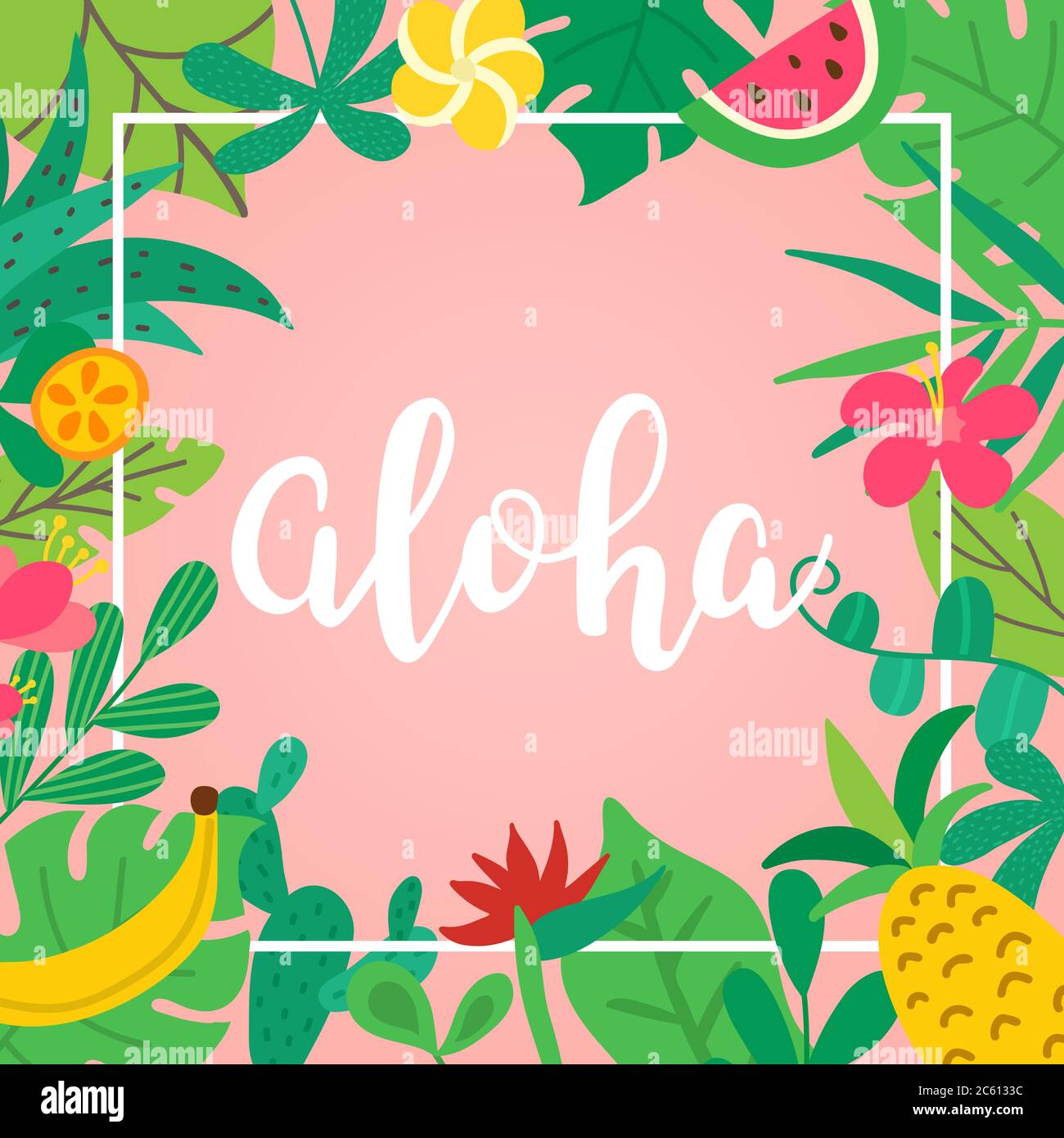 Concept Aloha. Lettrage dessiné à la main sur fond rose. Feuilles tropicales, fruits et fleurs pour affiche, bannière, prospectus. Vecteur d'été Illustration de Vecteur