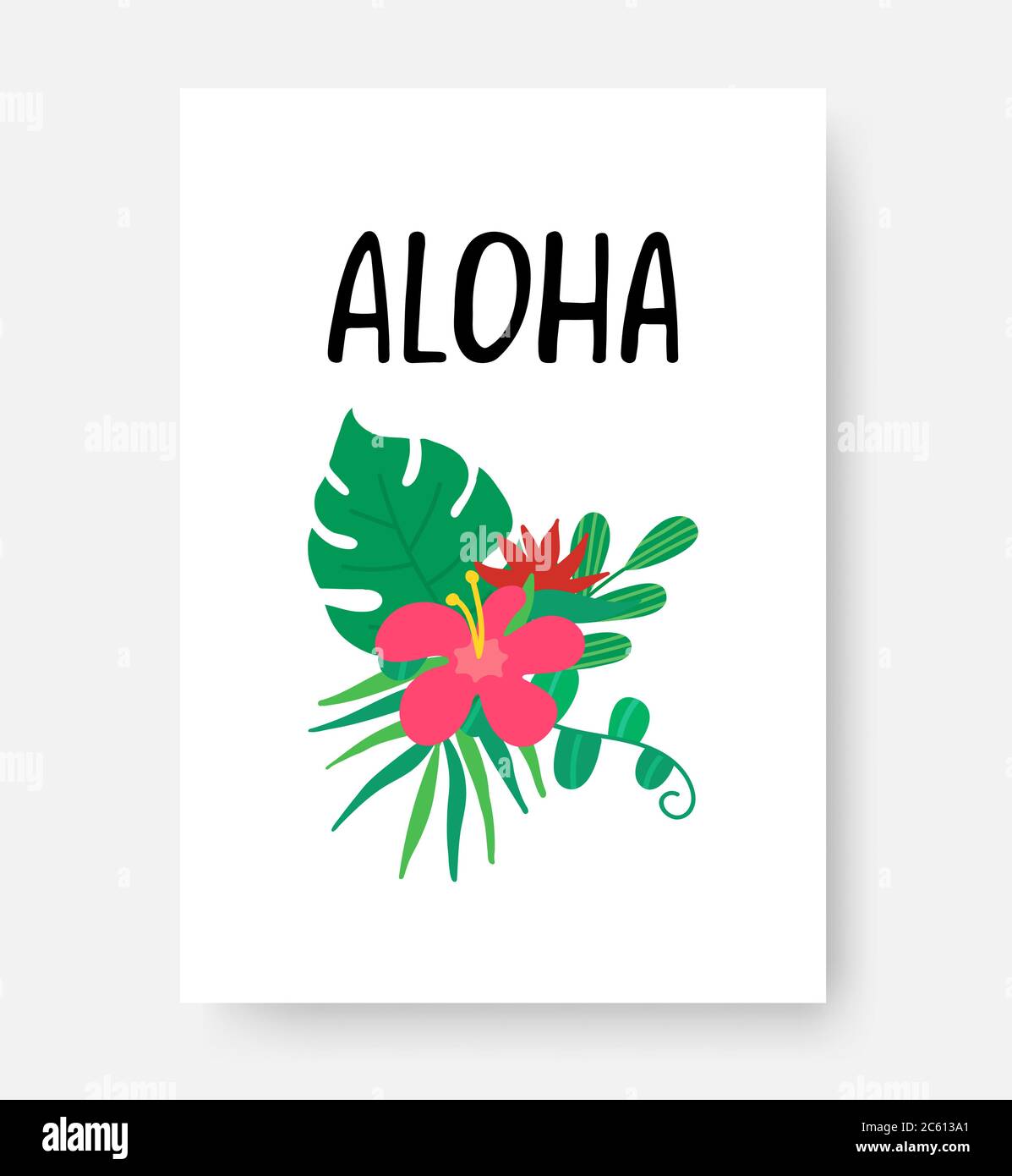 Affiche tropicale. Phrase de lettrage à la main Aloha sur fond blanc. Feuilles tropicales, fleurs pour bannière, prospectus, carte. Composition estivale. Vecteur Illustration de Vecteur