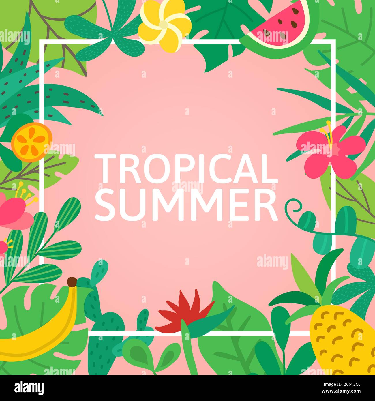 Concept Aloha. Lettrage dessiné à la main sur fond rose. Feuilles tropicales, fruits et fleurs pour affiche, bannière, prospectus. Vecteur d'été Illustration de Vecteur