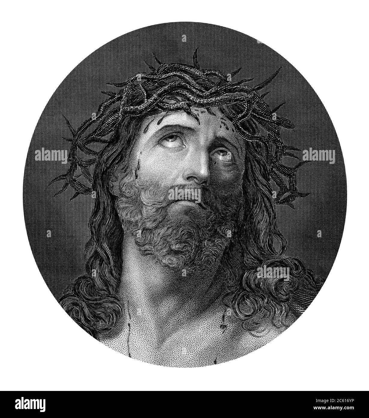 Une illustration gravée représentant le portrait de la Crucifixion de Jésus-Christ portant la couronne des épines, d'une Bible datée de 1852 qui n'est plus moi Banque D'Images