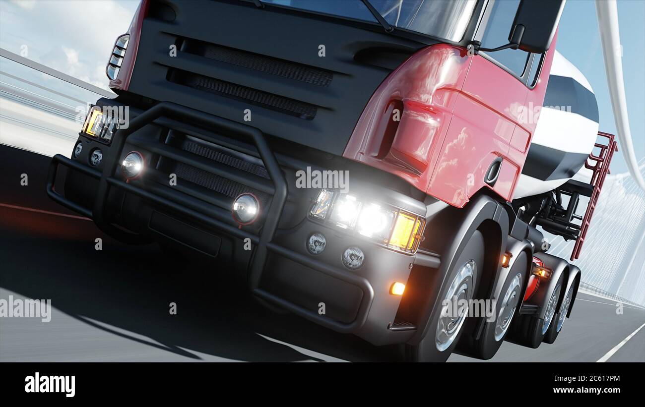 modèle 3d de mélangeur de béton sur pont. Conduite très rapide. Concept de construction et de transport. rendu 3d. Banque D'Images