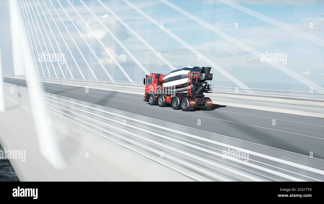 modèle 3d de mélangeur de béton sur pont. Conduite très rapide. Concept de construction et de transport. rendu 3d. Banque D'Images