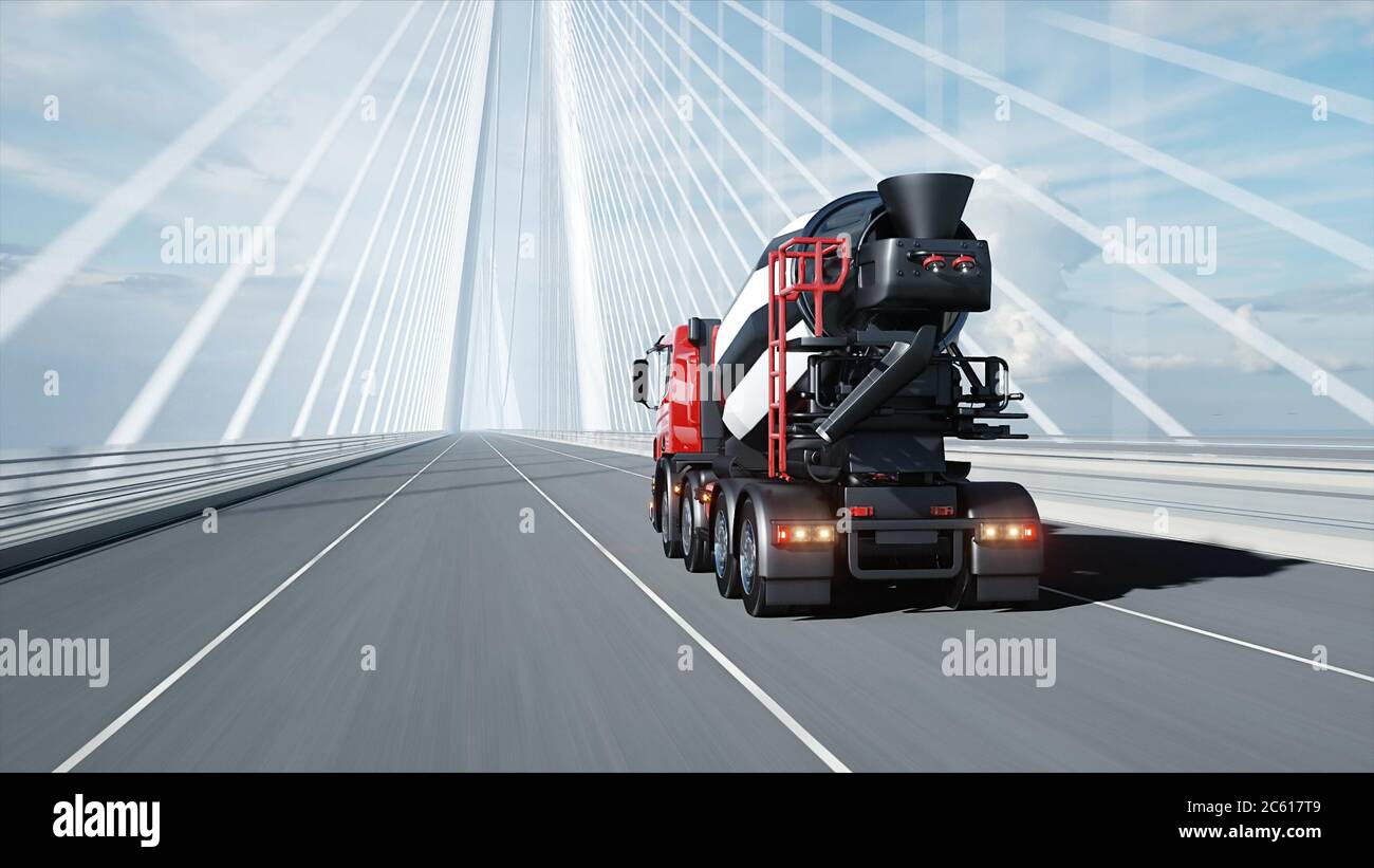 modèle 3d de mélangeur de béton sur pont. Conduite très rapide. Concept de construction et de transport. rendu 3d. Banque D'Images