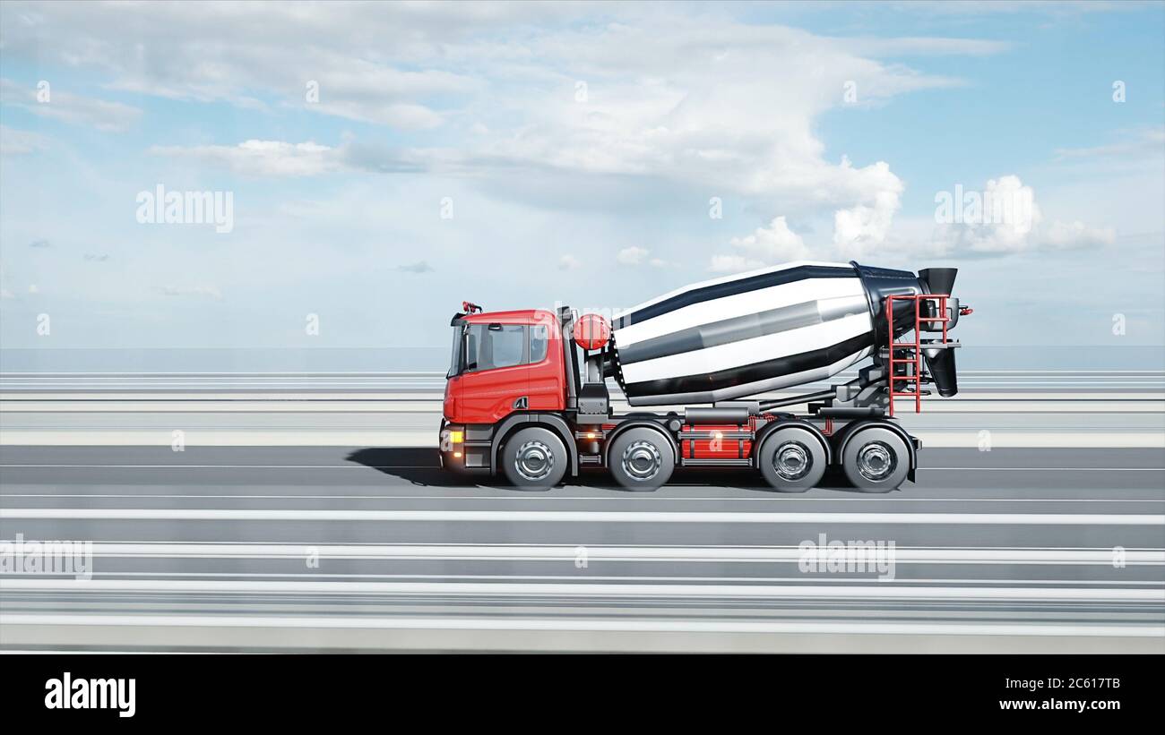 modèle 3d de mélangeur de béton sur pont. Conduite très rapide. Concept de construction et de transport. rendu 3d. Banque D'Images