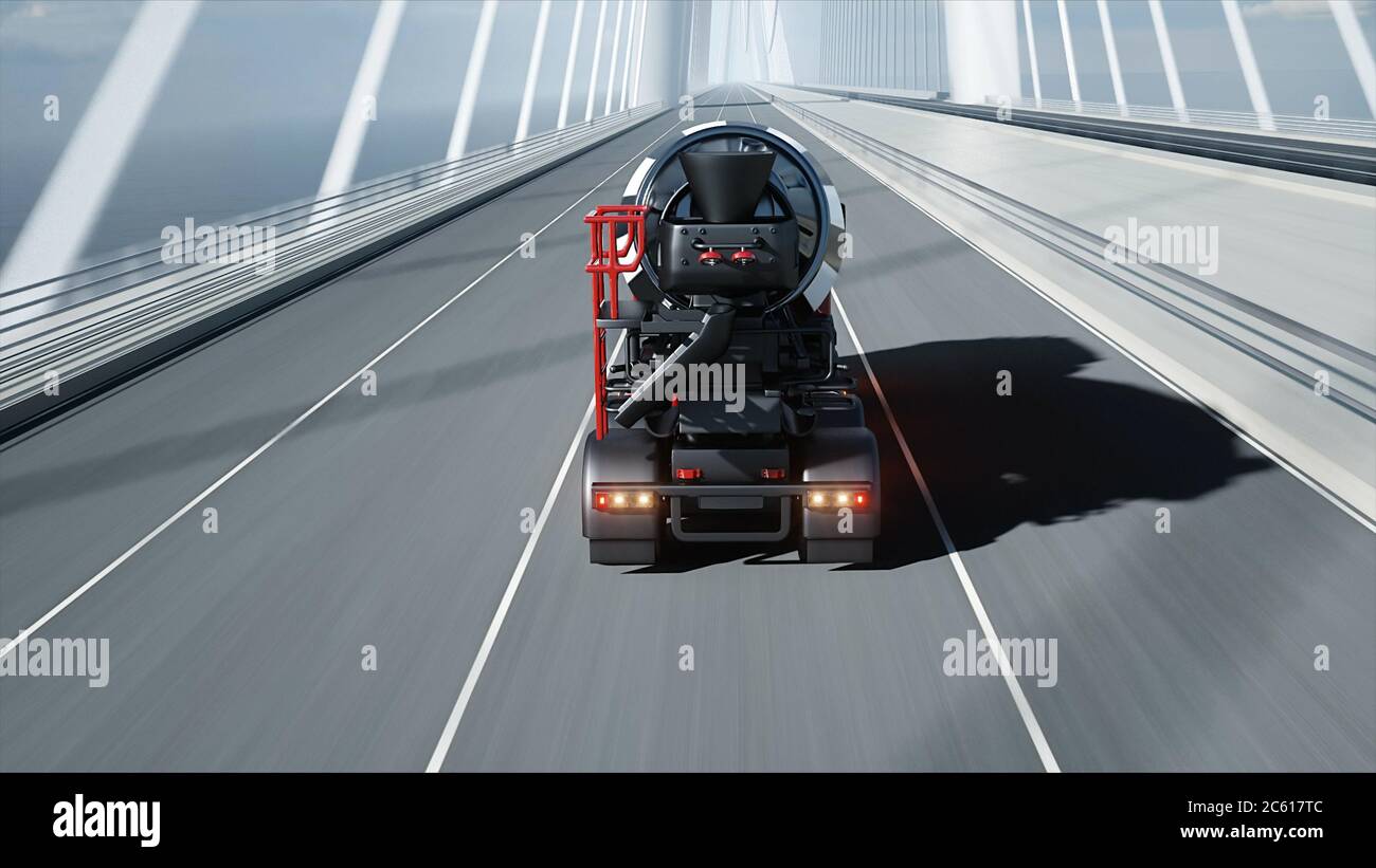 modèle 3d de mélangeur de béton sur pont. Conduite très rapide. Concept de construction et de transport. rendu 3d. Banque D'Images