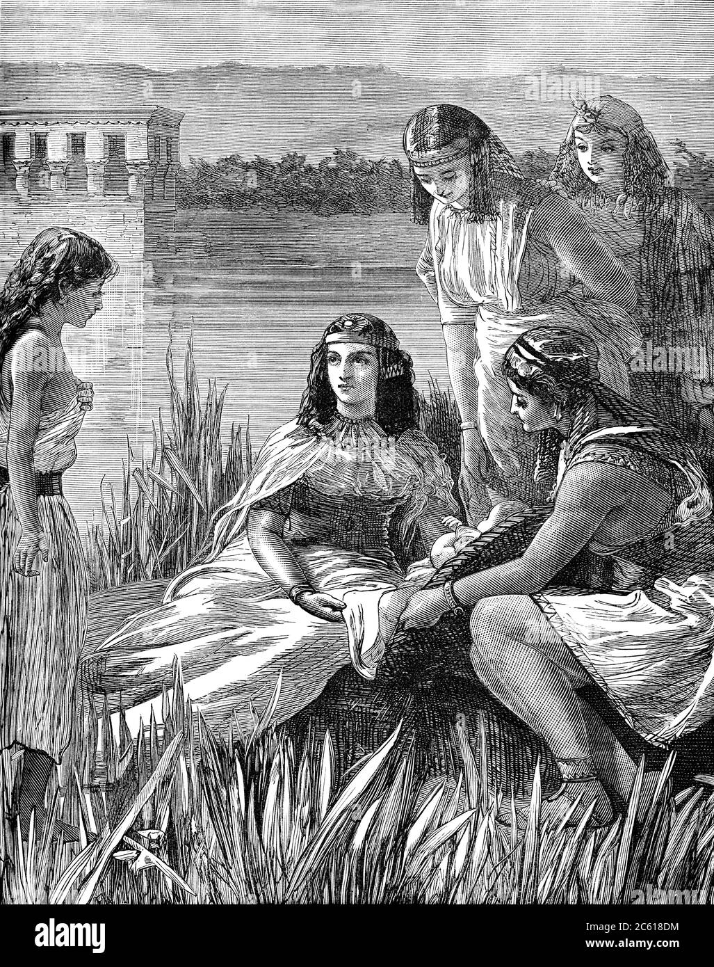 Une image gravée de l'enfant Moïse trouvé parmi les taureaux d'un livre victorien daté de 1883 qui n'est plus dans le droit d'auteur Banque D'Images