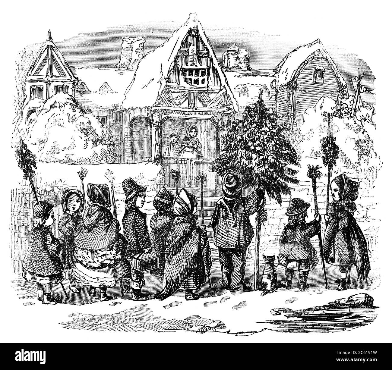 Un dessin d'illustration gravé d'enfants chantant des chants de Noël matin de chants d'un livre victorien vintage daté de 1878 qui n'est plus en copie Banque D'Images