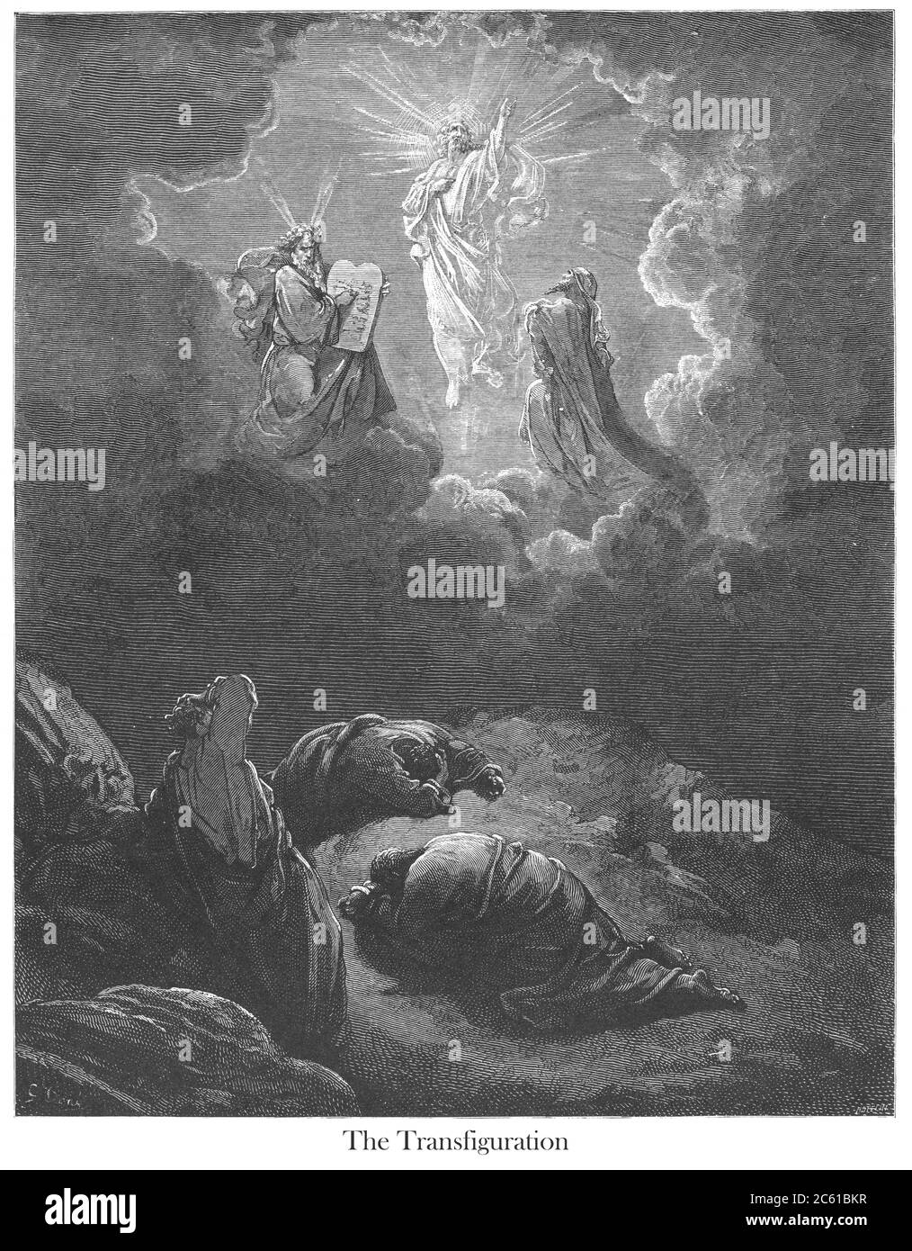 La Transfiguration [Matthieu 17:2-3] du livre 'Galerie biblique' illustré par Gustave Dore avec mémoire de Dore et lettre-presse descriptive par Talbot W. Chambers D.D. Publié par Cassell & Company Limited à Londres et simultanément par Mame à Tours, France en 1866 Banque D'Images