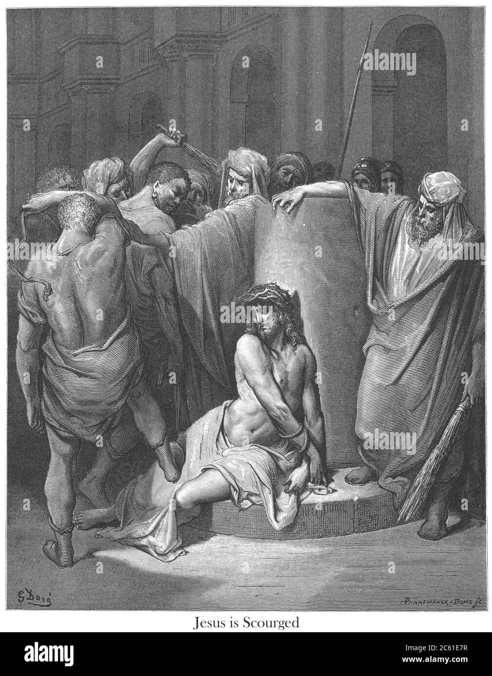 Jésus a fait un fléau [Matthieu 27:26] du livre 'Galerie biblique' illustré par Gustave Dore avec mémoire de Dore et lettre-presse descriptive par Talbot W. Chambers D.D. Publié par Cassell & Company Limited à Londres et simultanément par Mame à Tours, France en 1866 Banque D'Images