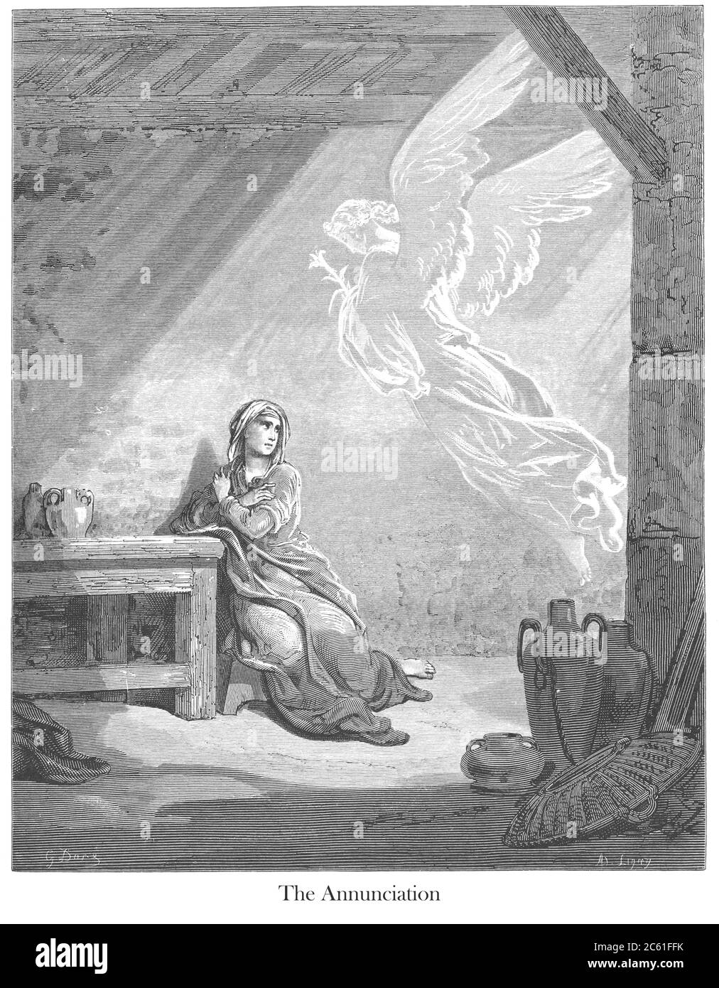 L'Annonciation [Luc 1:26-28] du livre 'Galerie de la Bible' illustré par Gustave Dore avec mémoire de Dore et lettre-presse descriptive par Talbot W. Chambers D.D. Publié par Cassell & Company Limited à Londres et simultanément par Mame à Tours, France en 1866 Banque D'Images
