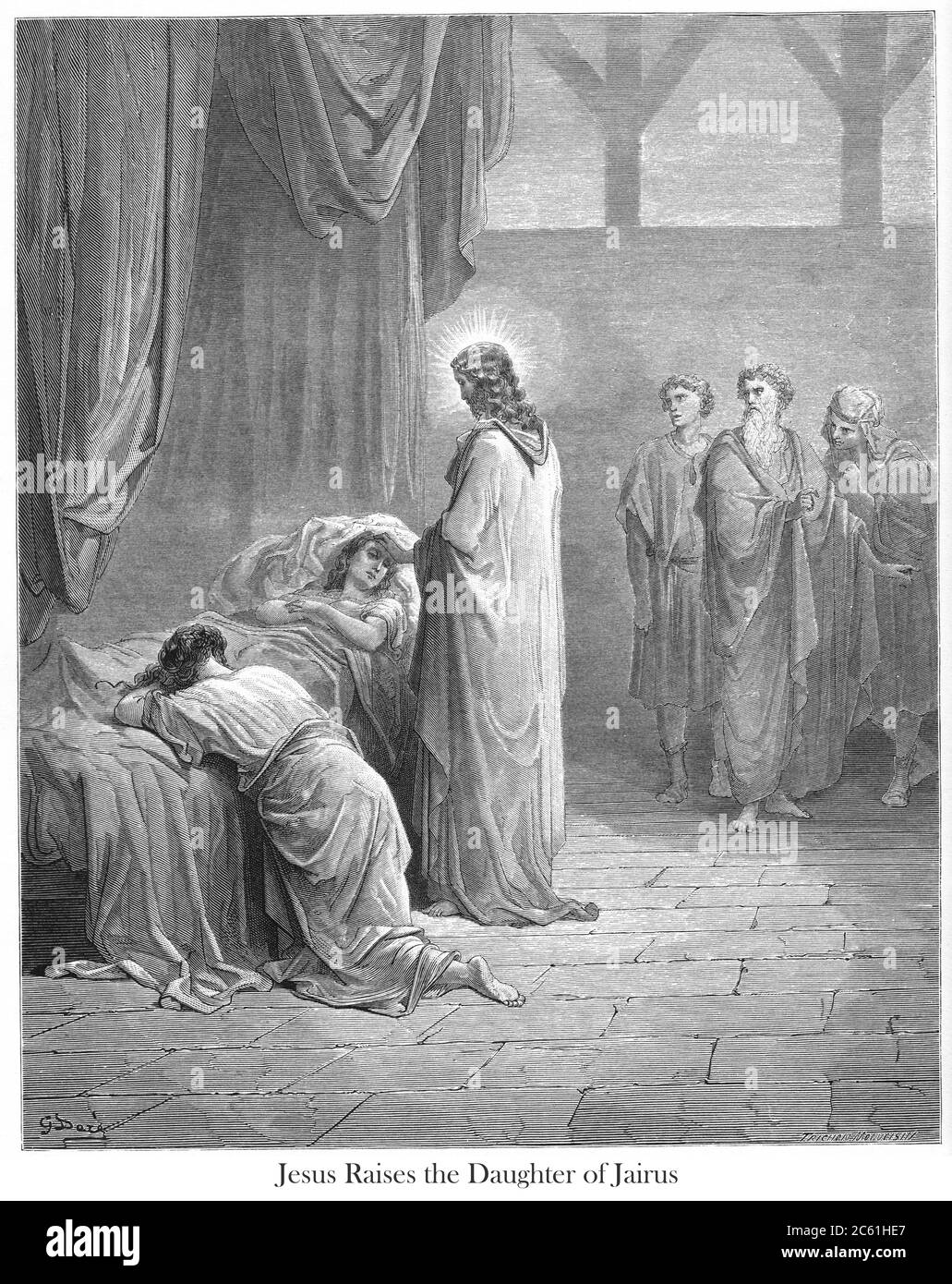 Jésus élevant la fille de Jairus [Luc 8:52-54] du livre 'Galerie de la Bible' illustré par Gustave Dore avec mémoire de Dore et lettre-presse descriptive par Talbot W. Chambers D.D. Publié par Cassell & Company Limited à Londres et simultanément par Mame à Tours, France en 1866 Banque D'Images