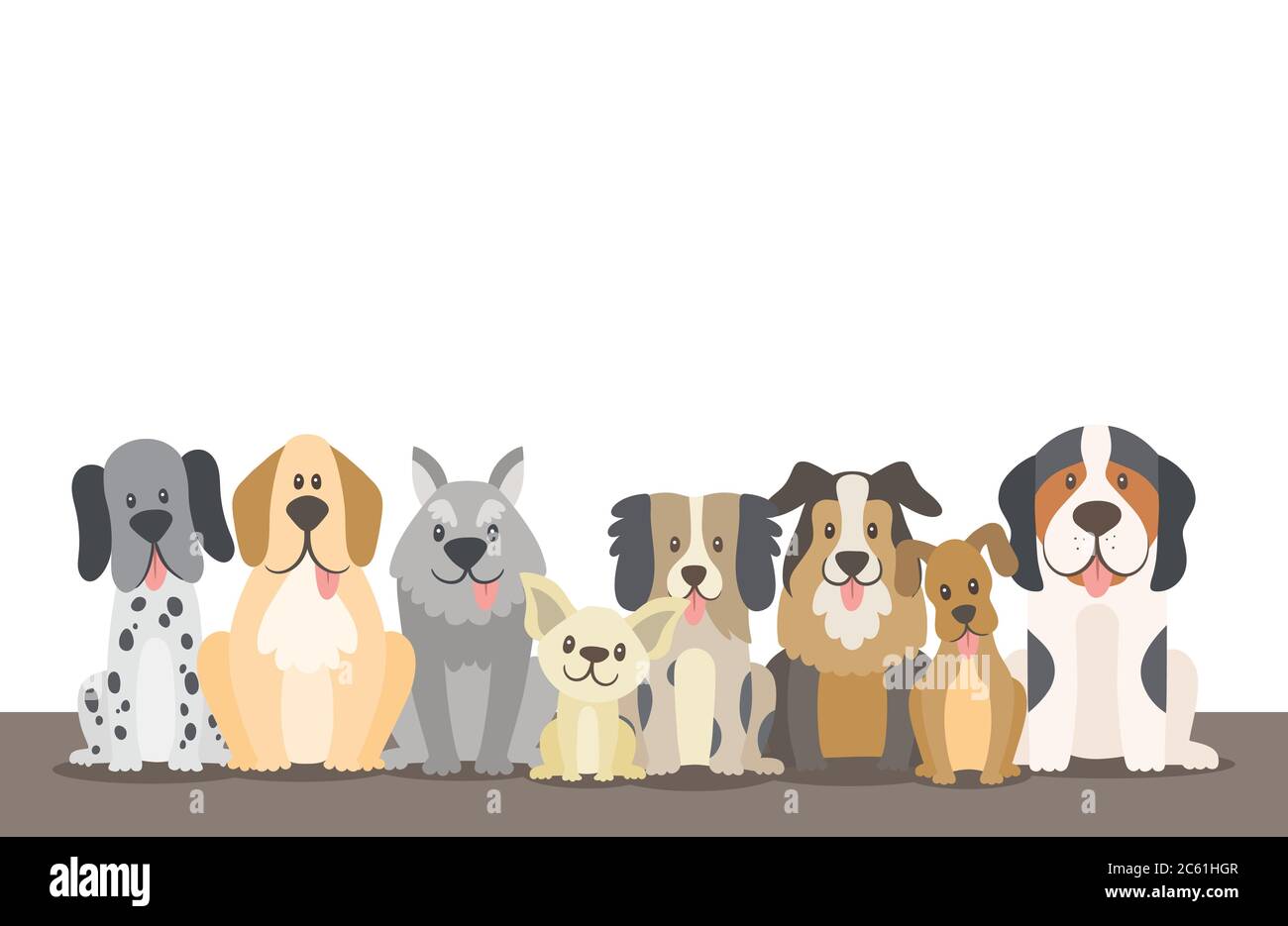 Illustration d'arrière-plan de troupeau de chiens avec espace vierge modifiable. Chiens assis en position vue avant. Illustration vectorielle. Illustration de Vecteur