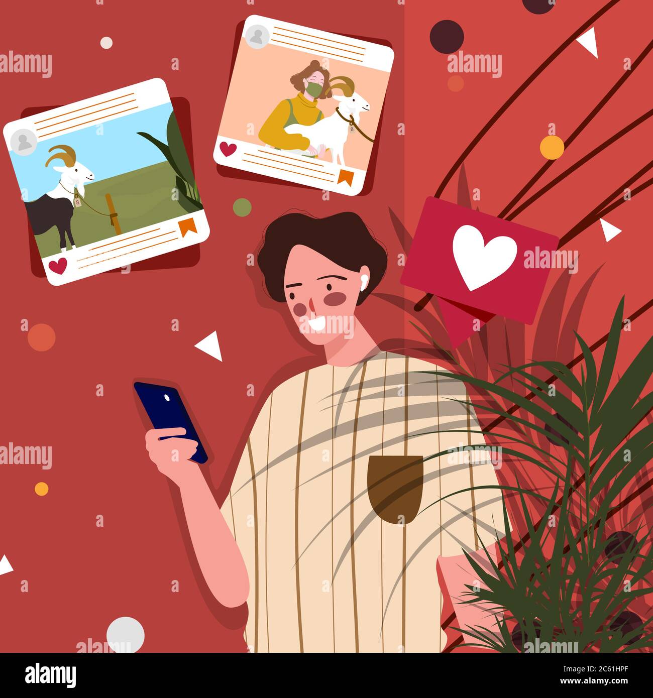 Femme utiliser un smartphone regarder les médias sociaux statut son ami tenant la chèvre avec le style de dessin animé plat. Illustration de Vecteur