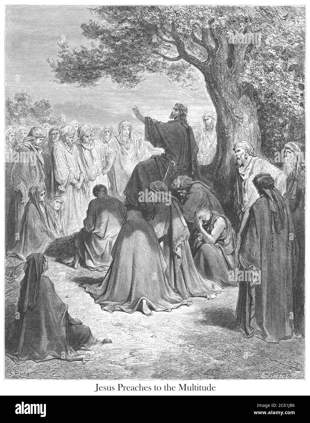 Jésus prêchant à la multitude [Luc 12:29-31] du livre 'Galerie de la Bible' illustré par Gustave Dore avec mémoire de Dore et lettre-presse descriptive par Talbot W. Chambers D.D. Publié par Cassell & Company Limited à Londres et simultanément par Mame à Tours, France en 1866 Banque D'Images