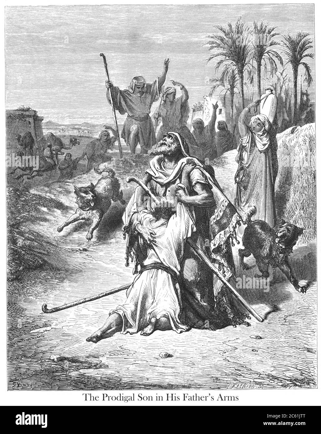 Le fils prodigue dans les bras de son Père [Luc 15:20-21] du livre 'Galerie biblique' illustré par Gustave Dore avec mémoire de Dore et lettre-presse descriptive par Talbot W. Chambers D.D. Publié par Cassell & Company Limited à Londres et simultanément par Mame à Tours, France en 1866 Banque D'Images