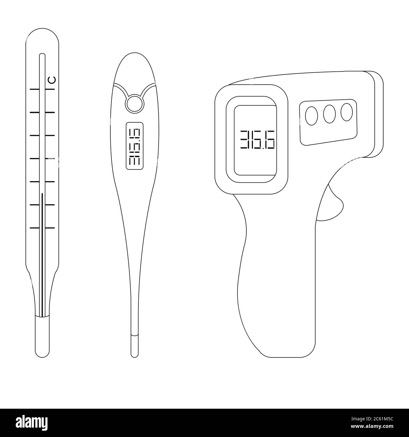 Thermomètres à ligne noire sur fond blanc isolé. Ensemble d'autocollants pour bandeau social, élément Web, icône de vérification de température, poster médical. Logo de la pharmacie ou Illustration de Vecteur