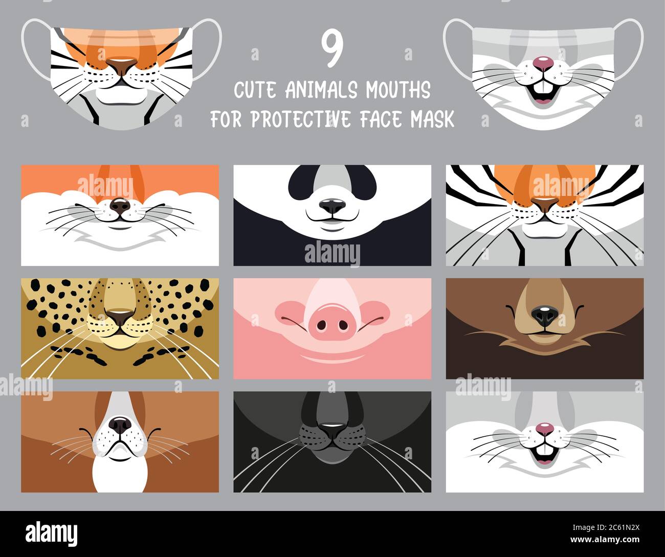 9 bouches d'animaux mignons pour masque de protection. Style de dessin animé amusant. Illustration vectorielle. Illustration de Vecteur