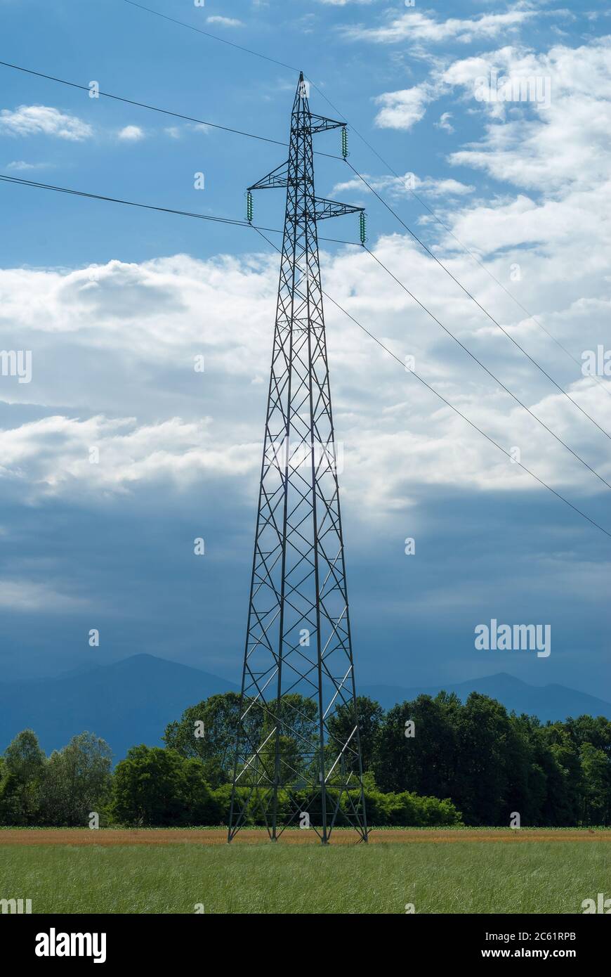 Treillis métallique pour lignes électriques aériennes haute tension dans un pré-pays Banque D'Images