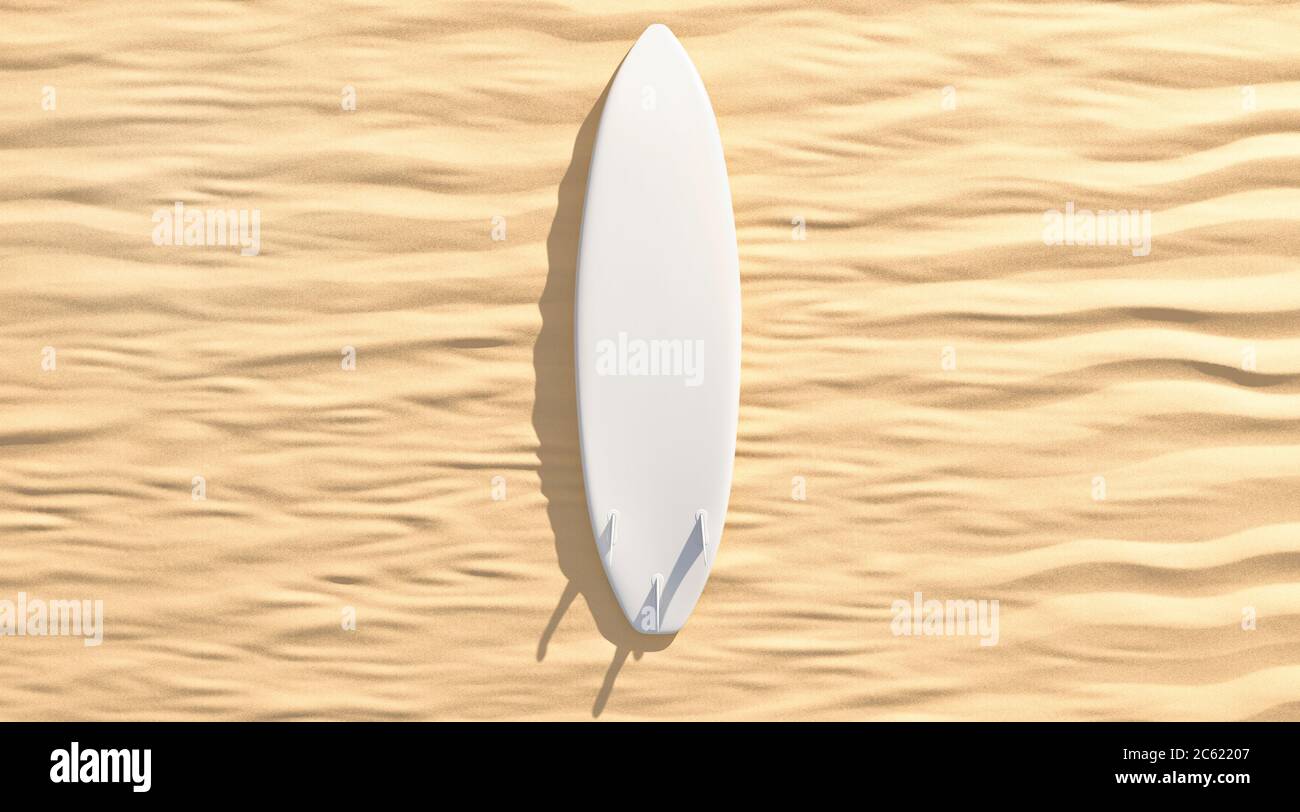 Planche de surf blanche vierge avec ailettes cousues sur maquette de sable Banque D'Images Planche de surf blanche vierge avec ailettes cousues sur maquette de sable Banque D'Images