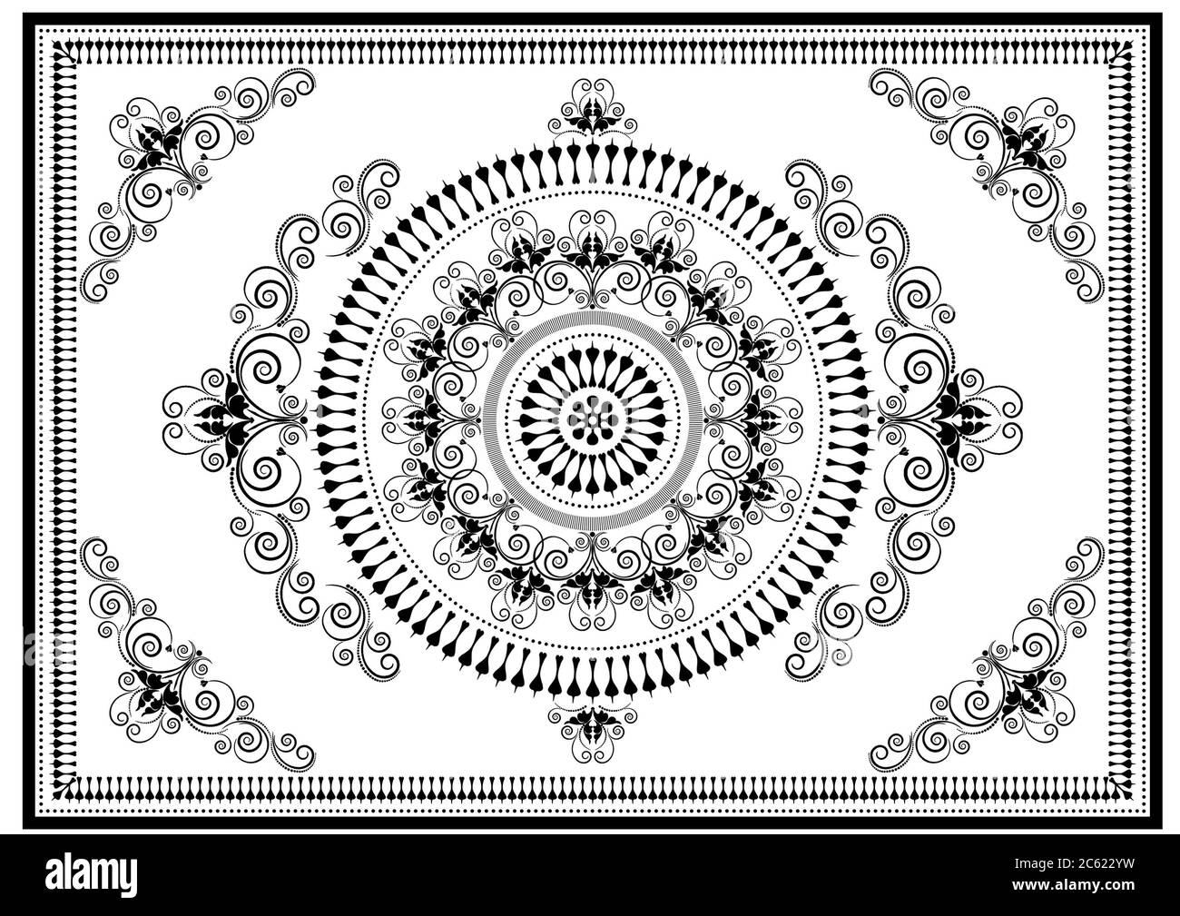 Cadre noir avec bordure et ovale au centre de lys stylisés avec tourbillons, perles et ovale en pointillés sur fond blanc Banque D'Images