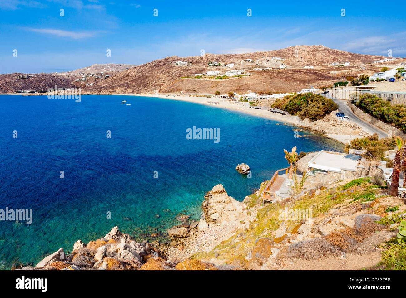 Elia Beach vue aérienne Vue panoramique à partir de la sur l'île de Mykonos, Cyclades en Grèce Banque D'Images