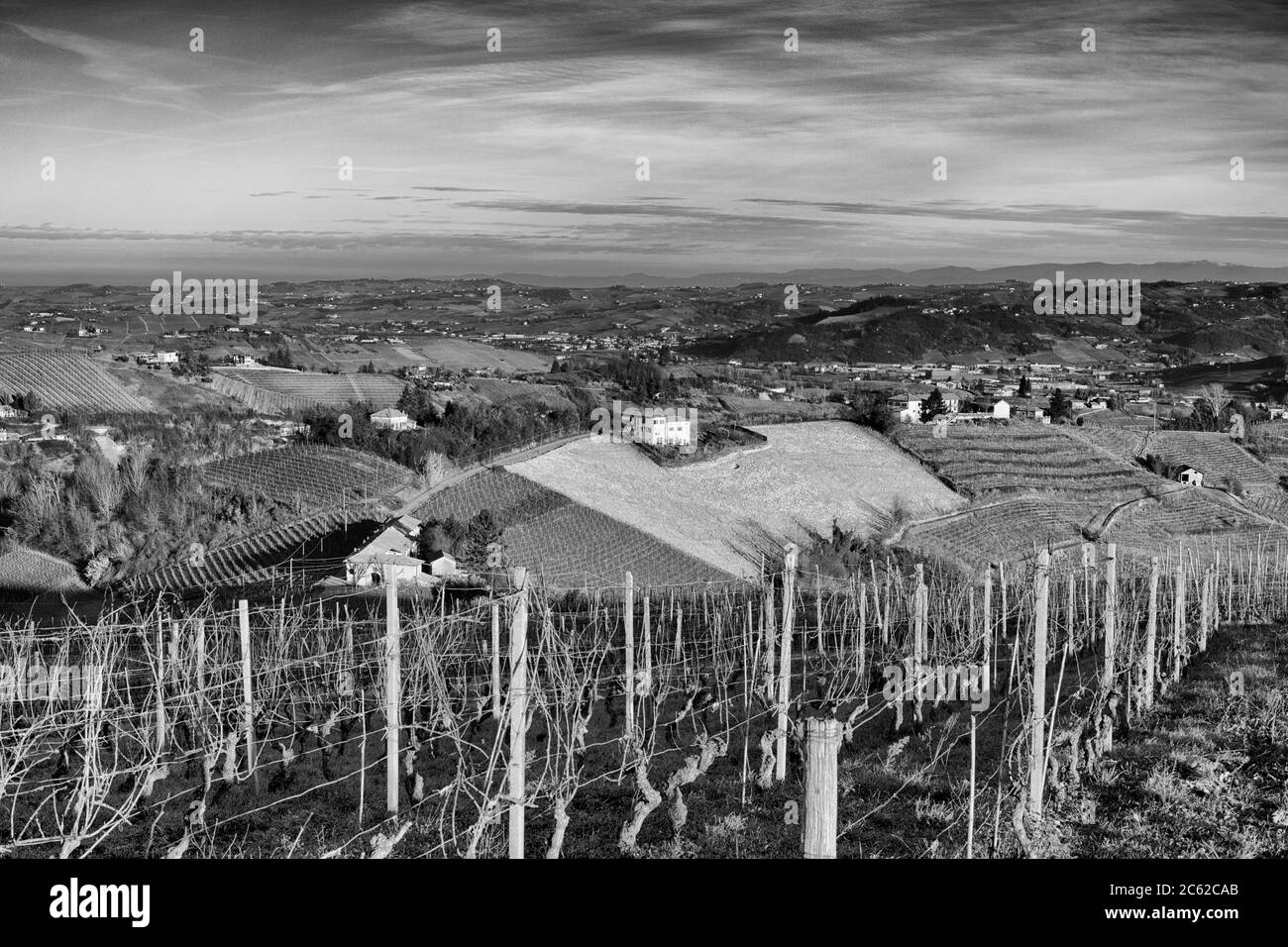 Paysage noir et blanc. Les collines autour de Canelli, Langhe, Piémont, Italie Banque D'Images