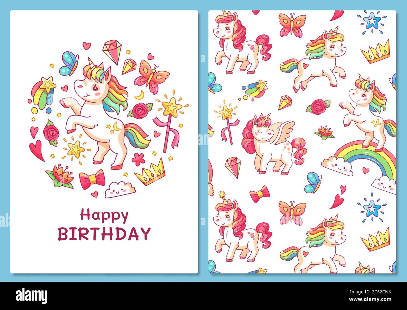 Carte de vœux Magic Cute unicorn. Modèle de vecteur de dessin animé Illustration de Vecteur