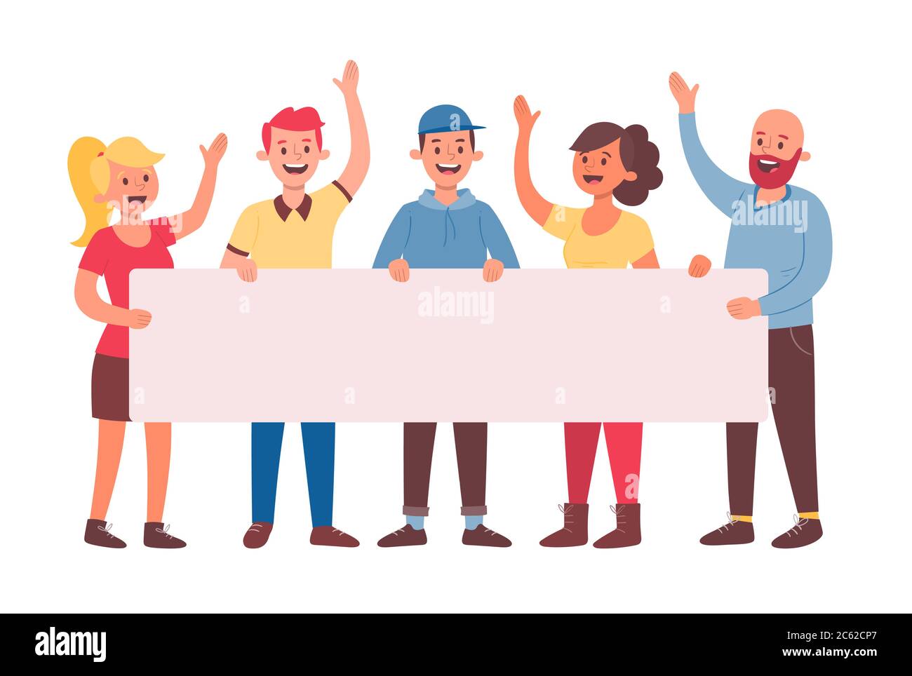 Équipe de cinq jeunes tenant une bannière vierge pour le texte. Bannière d'annonce pour la publicité. Concept de travail d'équipe. Trois hommes et deux femmes. Cartoo plat Illustration de Vecteur