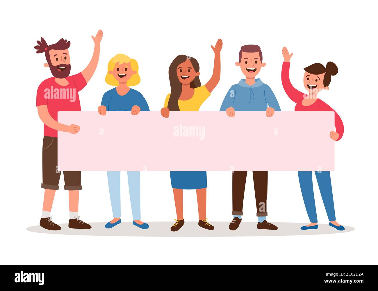 Équipe de cinq jeunes tenant une bannière vierge pour le texte. Bannière d'annonce pour la publicité. Concept de travail d'équipe. Trois femmes et deux hommes. Cartoo plat Illustration de Vecteur