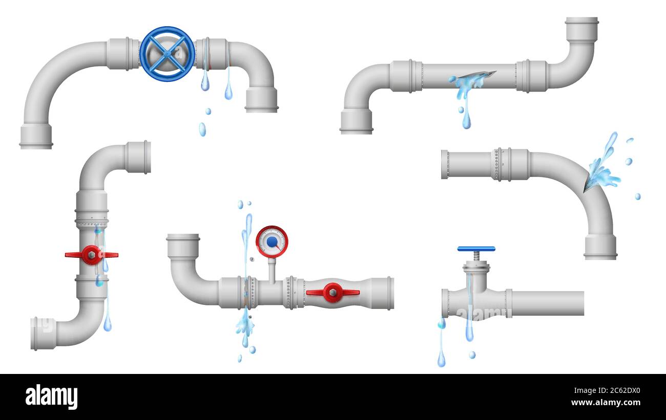 Tuyaux endommagés présentant des fuites. Illustration vectorielle des fuites de tuyaux d'eau, des tuyaux métalliques cassés et des fuites de tuyaux et de joints Illustration de Vecteur