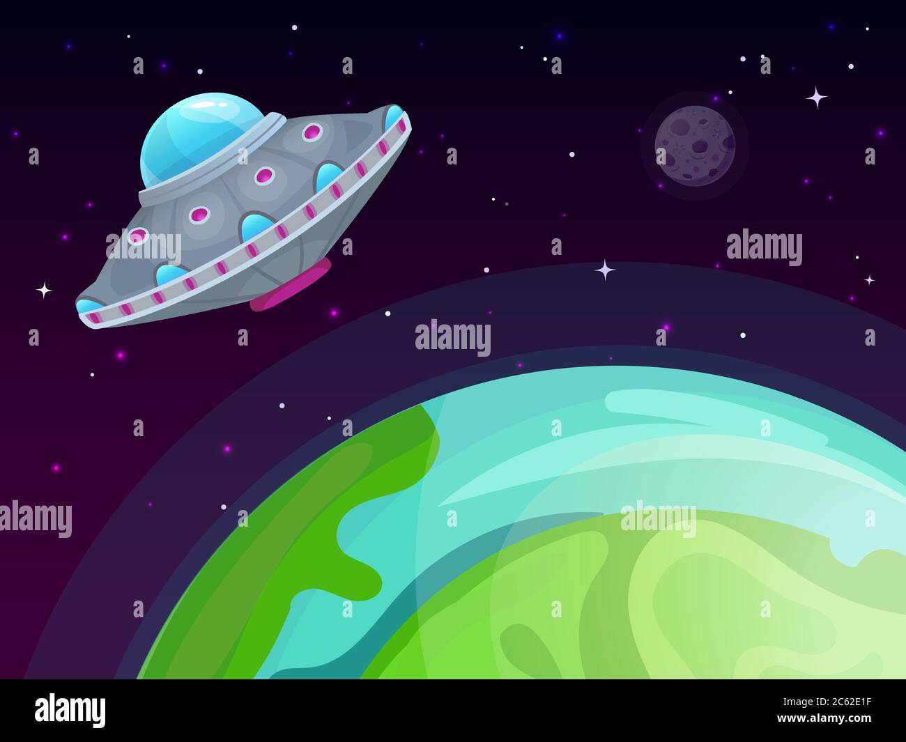 Concept de vecteur OVNI. Voyage en vaisseau spatial, science-fiction dans le ciel nocturne Illustration de Vecteur