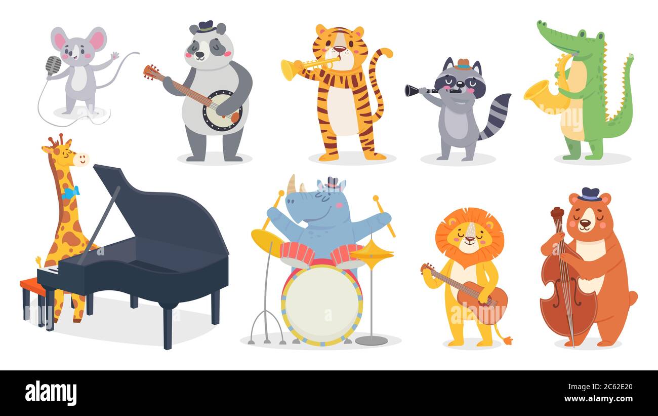 Animaux de dessin animé avec instruments de musique. Girafe joue du piano, panda mignon avec banjo et alligator joue du saxophone Illustration de Vecteur