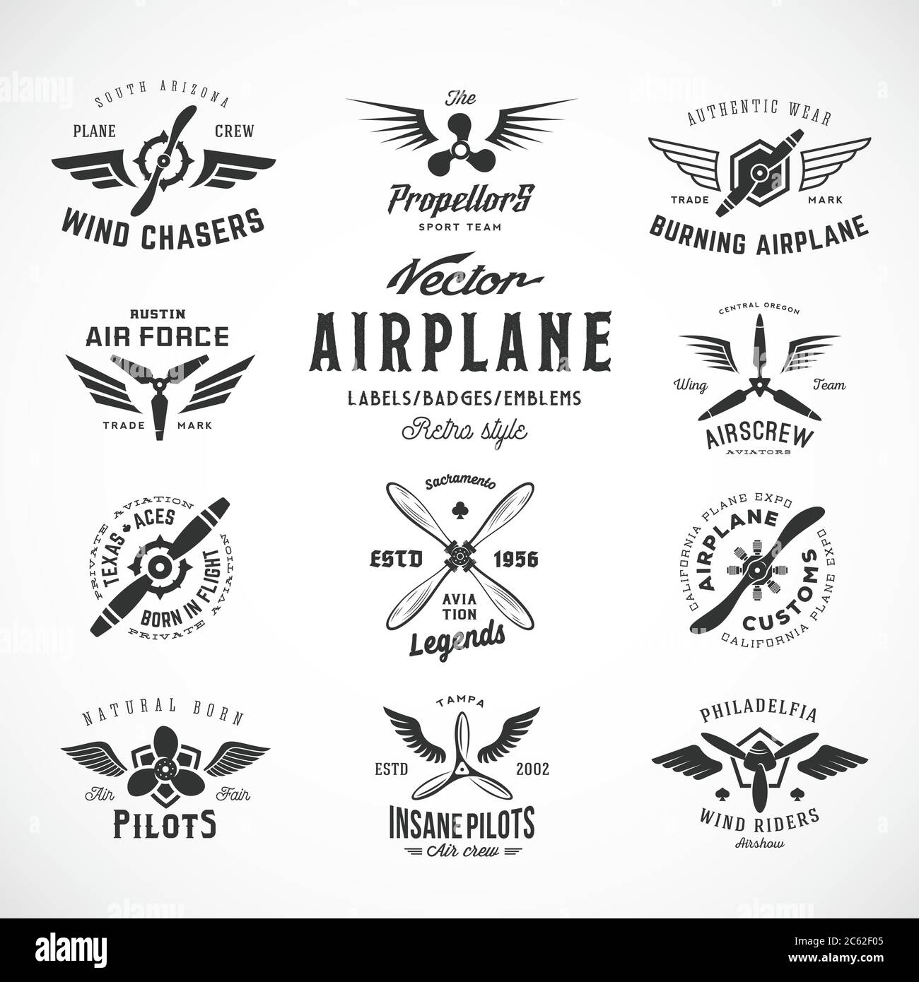 Ensemble d'étiquettes pour avion vintage Vector avec Typographie rétro. Isolé Illustration de Vecteur