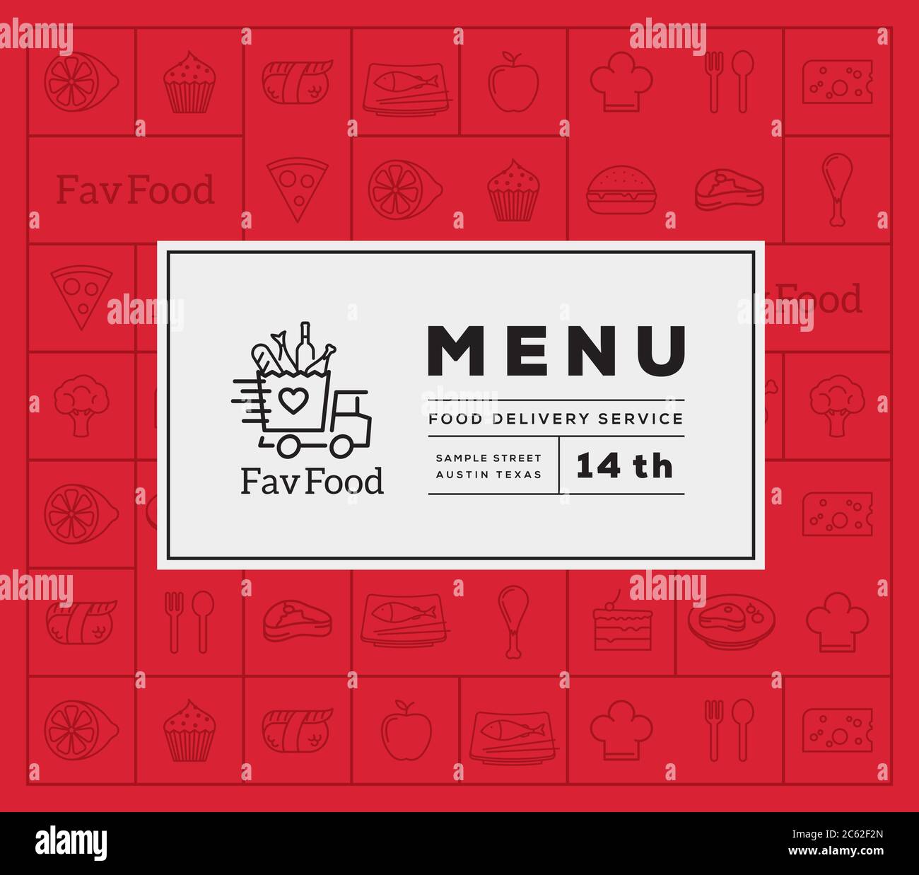 Logo vectoriel de distribution alimentaire préférée et couverture de menu avec motif d'icône de style de ligne. Illustration de Vecteur