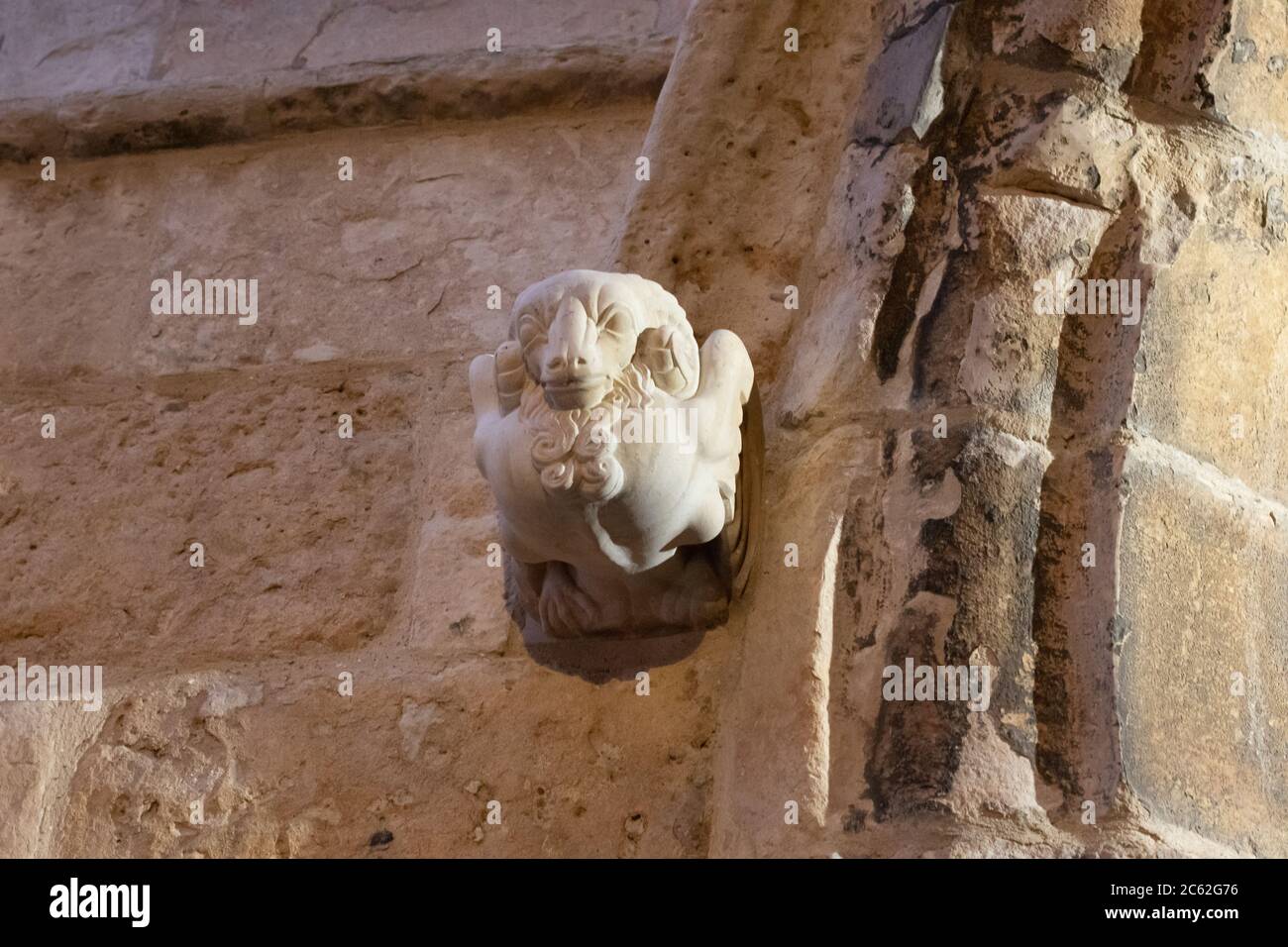 Un gargouille de tête de béliers sculptés récemment (2020) sur le bâtiment du hall d'entrée avant d'entrer dans la cathédrale. Banque D'Images