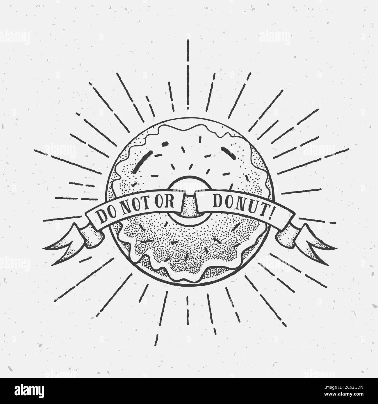 Résumé Vector Vintage Donut Illustration ou modèle de logo en style de travail point avec des textures sorbantes et des rayons rétro. Illustration de Vecteur